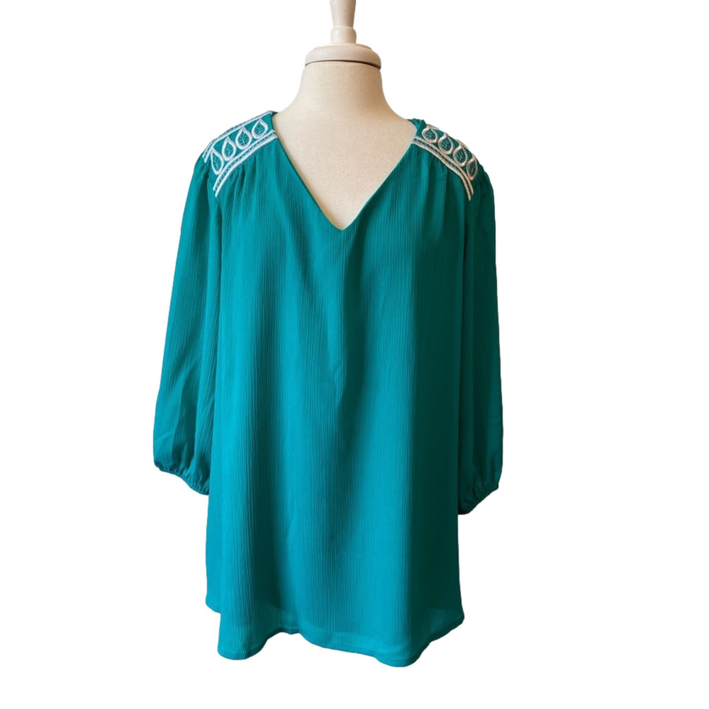 Bob Mackie NWT Embroidered Metallic Ribbed Sheer Blouse Womens 28W Plus Art Chic